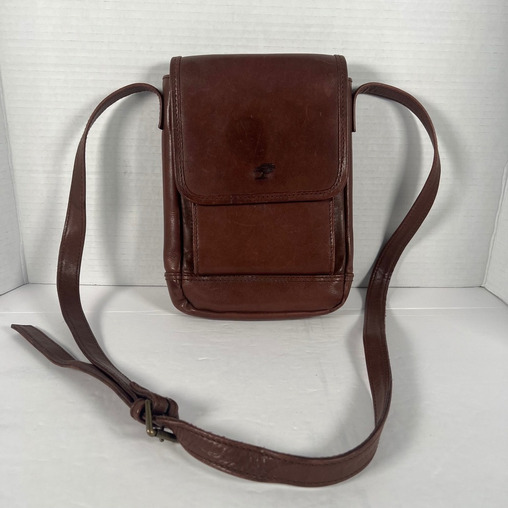Brown Leather Crossbody Organizer Bag Built-in Wallet Card Slots Small